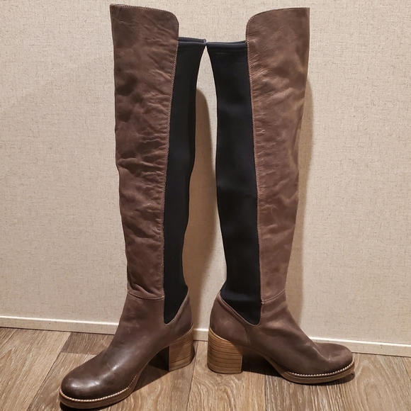 Free People Landry Taupe Brown Leather Tall Knee Boots | Stretch Back | MTNG - Picture 4 of 13